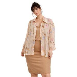 George Woman Floral Sheer Button Down Blouse Seashell Beige Plus Size 22W 24W